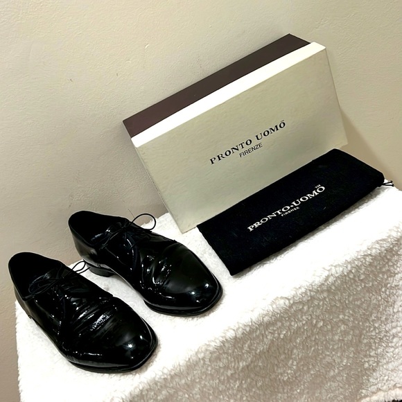 Pronto Uomo Firenze Black Patent Leather Lace Up Mens Shoes - Size 12D - Picture 1 of 7